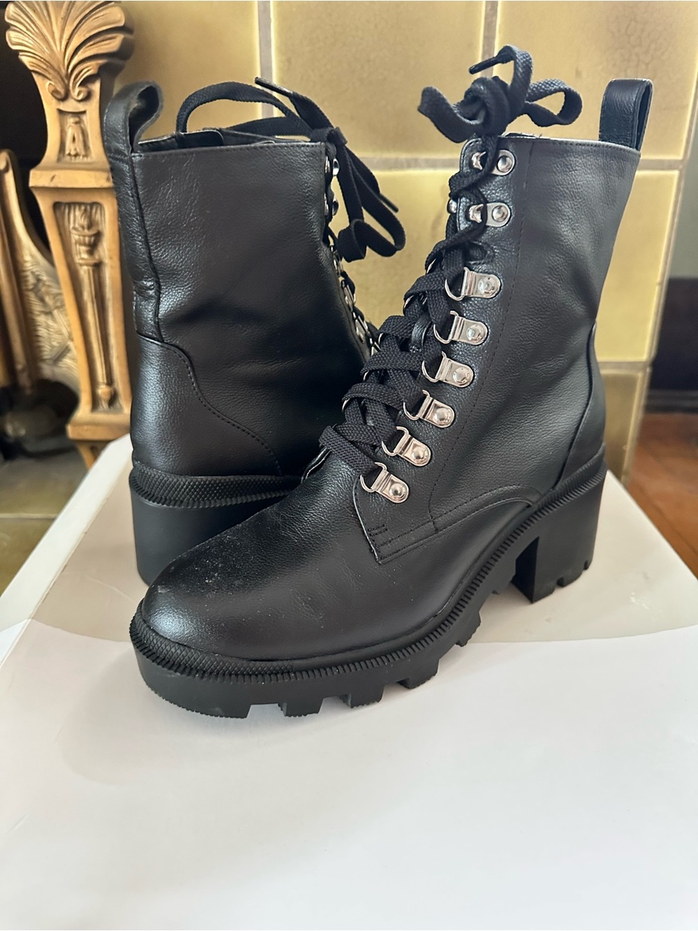 [bp] Black Lace-Up Chunky Heel Boots -  Women